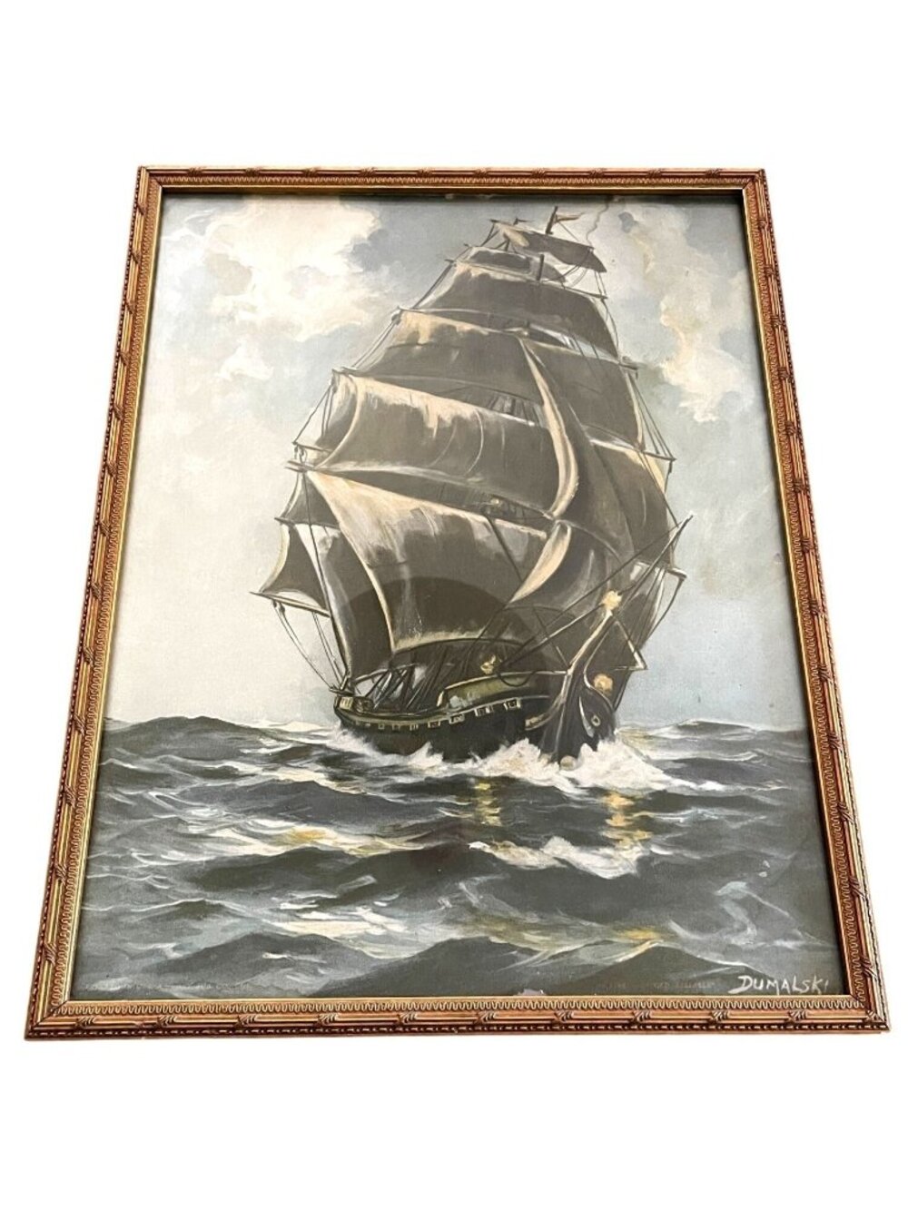 Vintage Gold Custom Framed Dumalski Lithograph Nautical Ship Art Print 1930 RARE